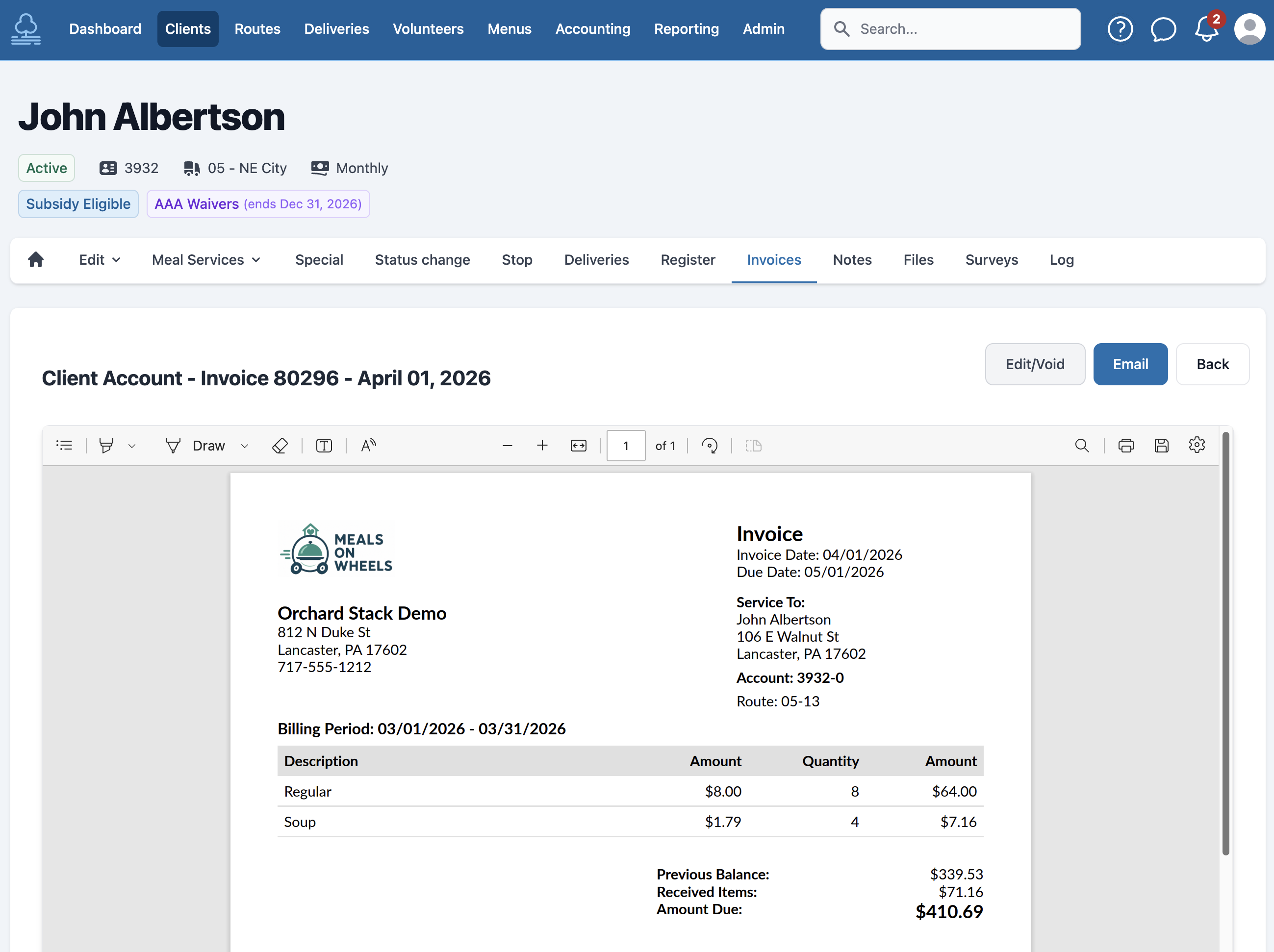 A client invoice open on the Invoices tab of John Albertson's record: an itemized PDF for the March billing period listing 8 Regular meals and 4 Soups, the previous balance, and the amount due, with Edit/Void and Email buttons
