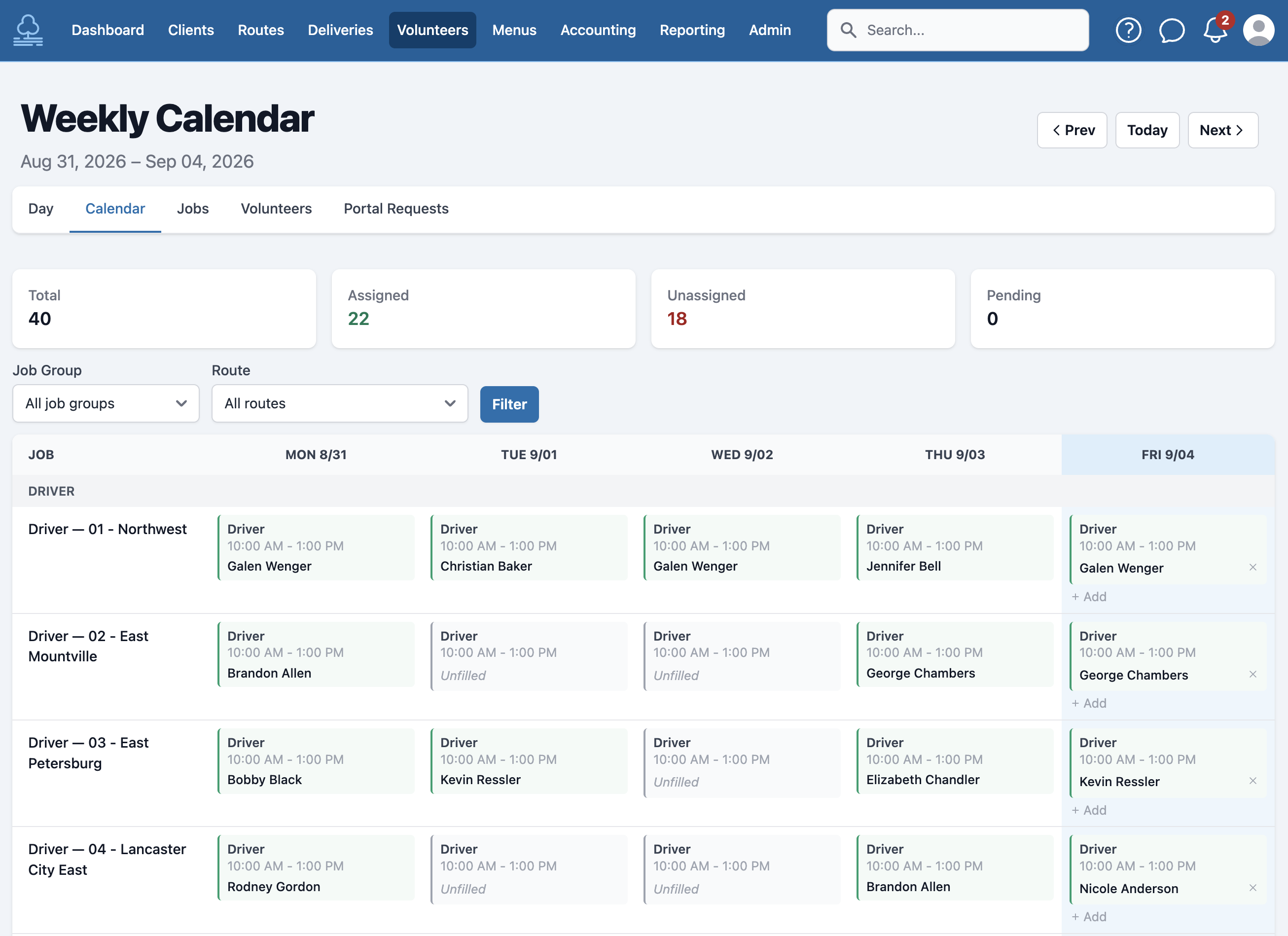 Volunteer weekly calendar for Aug 31 to Sep 4 showing 40 total shifts, 22 assigned and 18 unassigned, with driver shifts for each route laid out Monday through Friday, assigned volunteer names, and unfilled shifts marked