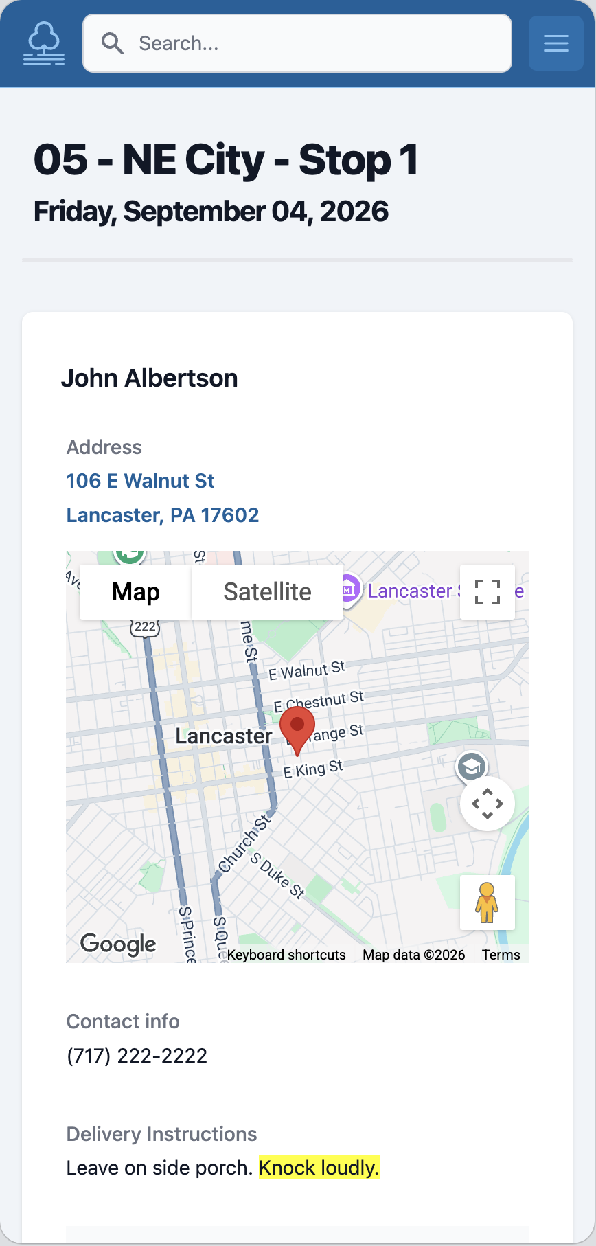 Orchard Stack mobile route sheet for stop 1 on route 05 - NE City, showing the client's address, a map pin, phone number, and highlighted delivery instructions